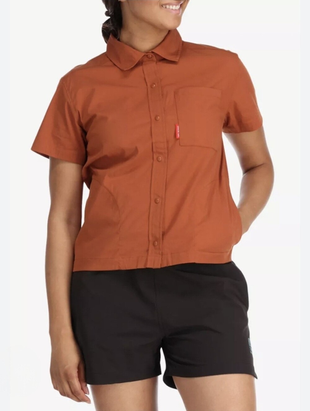 Topo Designs Global Shirt Women's Clay Rust Short Sleeve Snap Button Size Small
